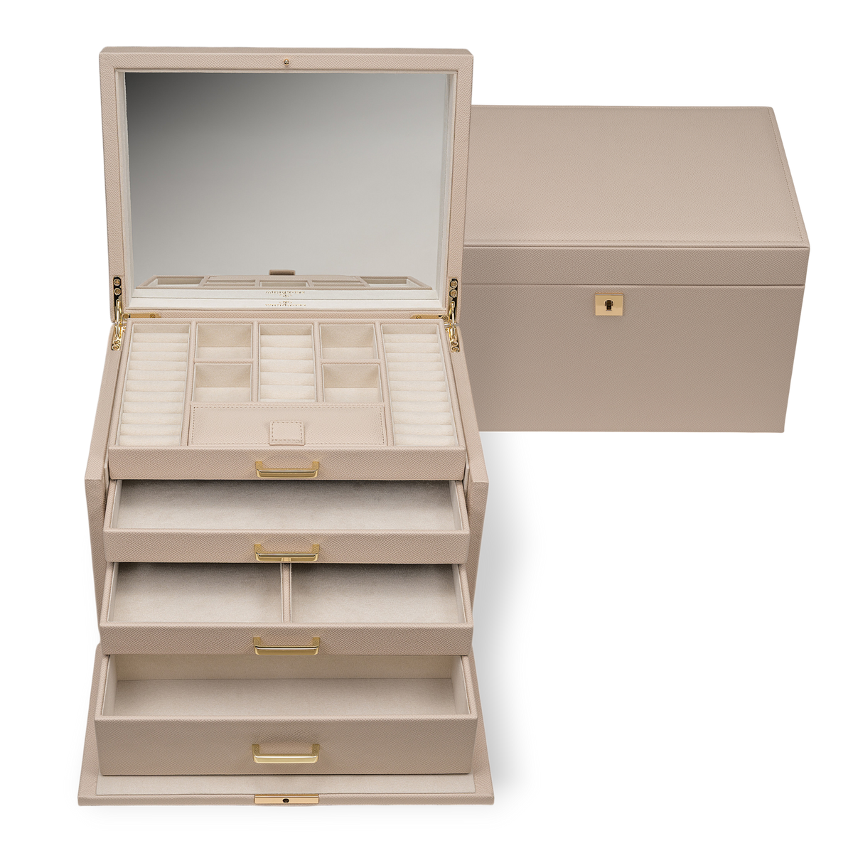 Schmuckkoffer luxora beige (Art.-Nr. 803992.12) – geöffnet mit ausgezogenen Schubladen, Frontansicht mit geschlossener Box
