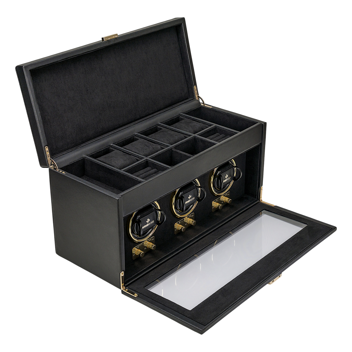 Uhrenbeweger 3 Uhren luxora schwarz-gold – geöffnet, Schrägansicht mit aufgeklappter Fronttür