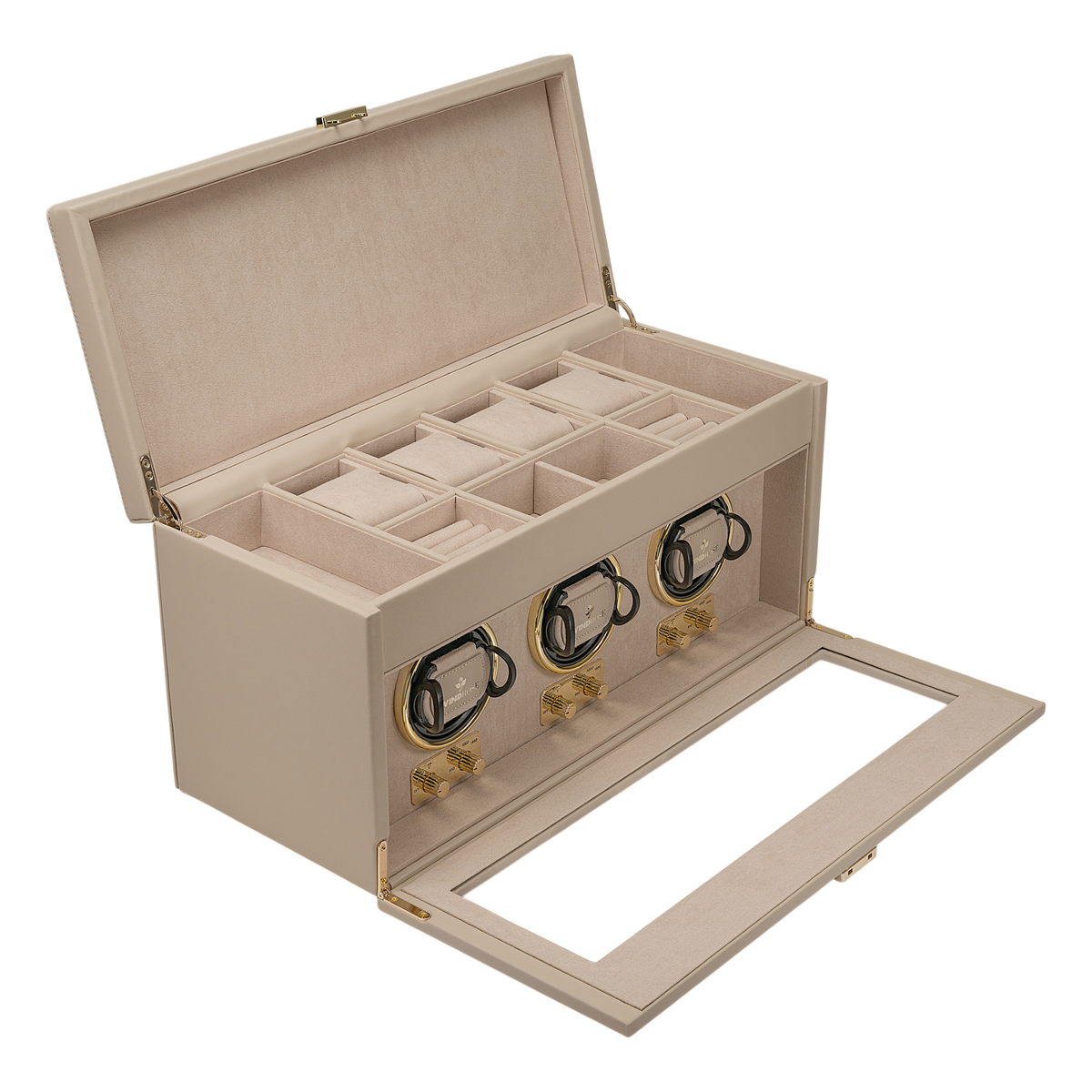 Uhrenbeweger 3 Uhren luxora beige-gold – geöffnet, Schrägansicht mit aufgeklappter Fronttür